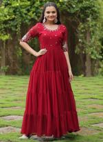 Faux Blooming Red Party Wear Zari Work Readymade Gown